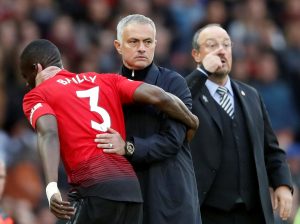 Manchester United's Eric Bailly with manager Jose Mourinho after being substituted off.