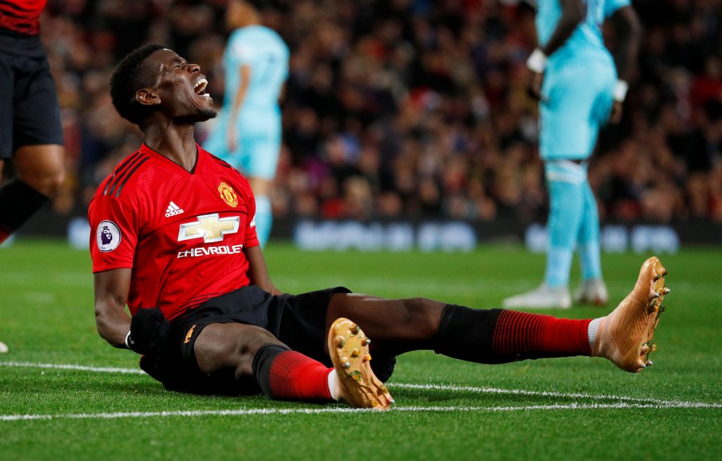 Manchester United's Paul Pogba reacts after missing a goal scoring opportunity.