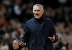 Jose Mourinho celebrates after Anthony Martial scores their second goal.