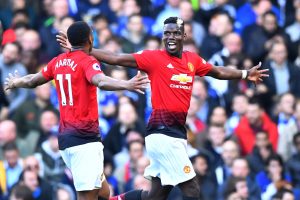 Manchester United's Anthony Martial celebrates scoring their second goal with Paul Pogba.