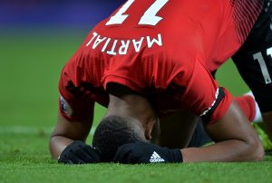 Manchester United's Anthony Martial reacts after a missed chance.