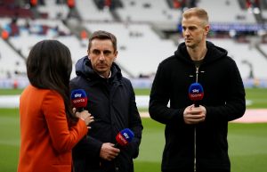 West Ham United's Joe Hart with Sky Sports' Gary Neville before the match.