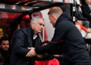 MUFC manager Jose Mourinho shakes hands with Bournemouth manager Eddie Howe before the match.
