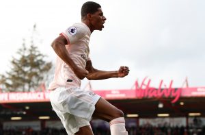 Manchester United's Marcus Rashford celebrates scoring their second goal.