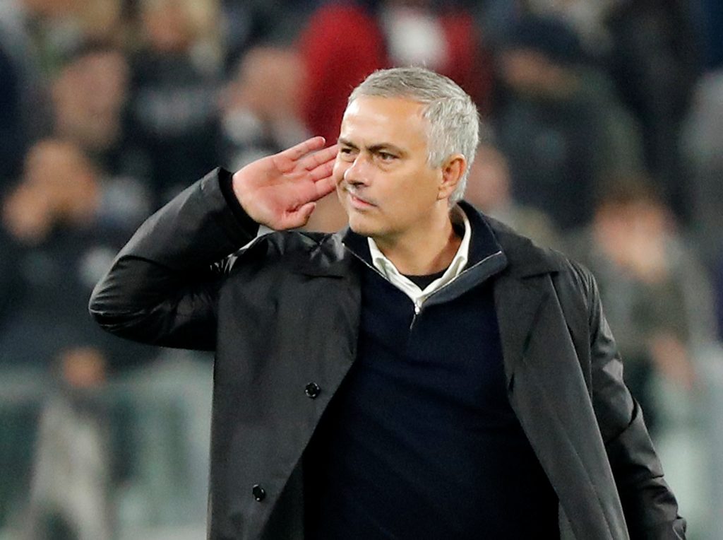 Man Utd manager Jose Mourinho gestures to Juventus fans after the match.