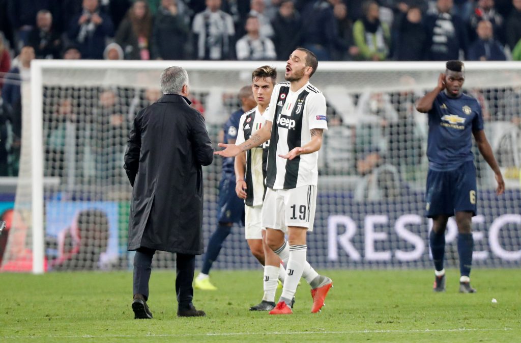 Juventus' Leonardo Bonucci reacts to Jose Mourinho after the match.