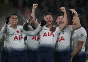 Tottenham's Juan Foyth celebrates scoring their first goal with team mates.