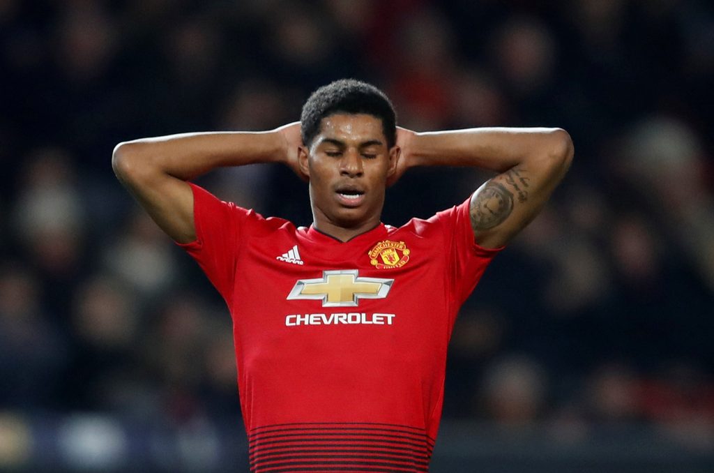 Manchester United's Marcus Rashford reacts.
