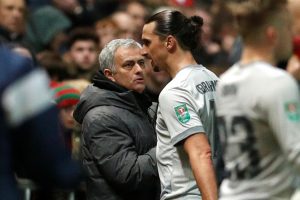 MUFC manager Jose Mourinho shakes hands with Zlatan Ibrahimovic as he is substituted.