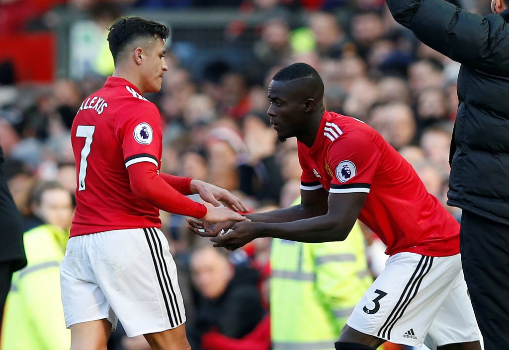 Manchester United's Eric Bailly comes on as a substitute to replace Alexis Sanchez.
