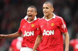 Ravel Morrison (R) celebrates with Jesse Lingard after scoring Manchester United's first goal.