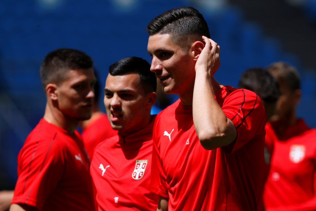 Serbia's Nikola Milenkovic with team mates during training.