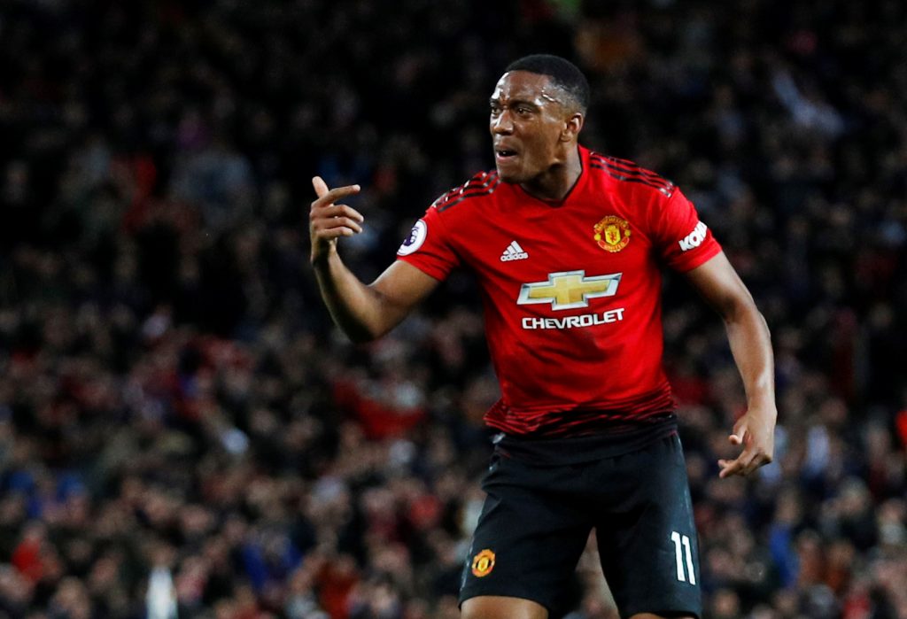 Manchester United's Anthony Martial celebrates scoring their second goal.