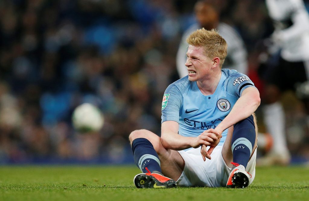 Man City's Kevin De Bruyne after sustaining an injury.