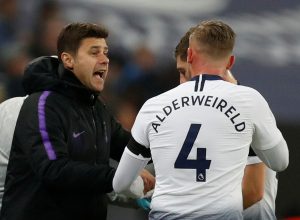 Tottenham's Toby Alderweireld receives instructions from manager Mauricio Pochettino.