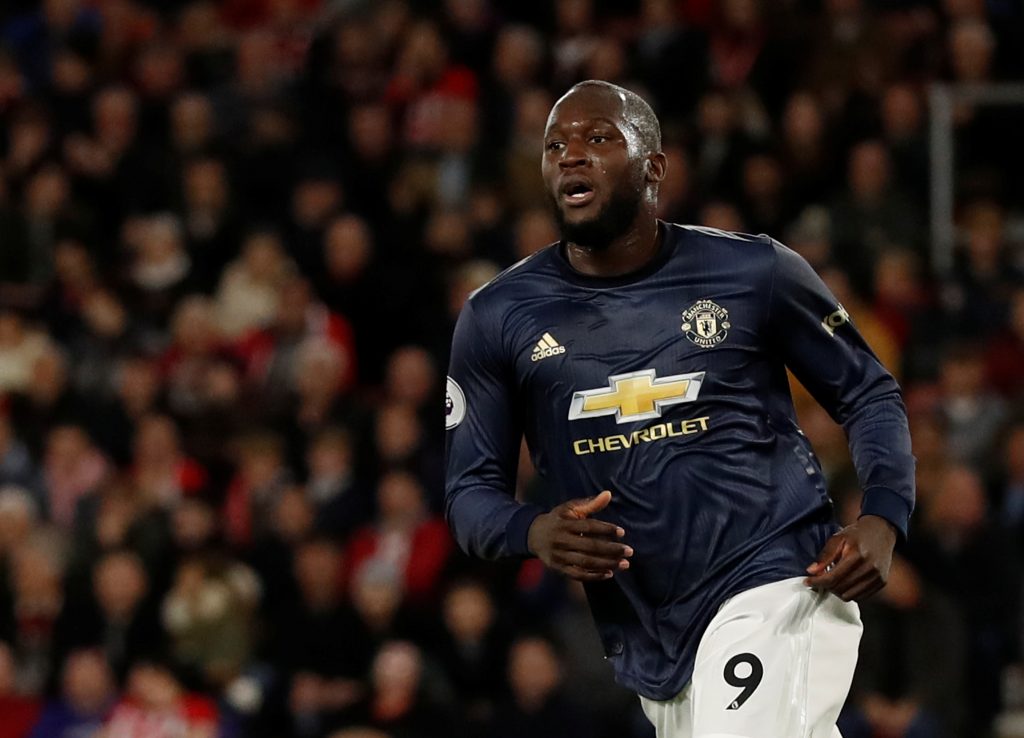 Manchester United's Romelu Lukaku celebrates scoring their first goal.