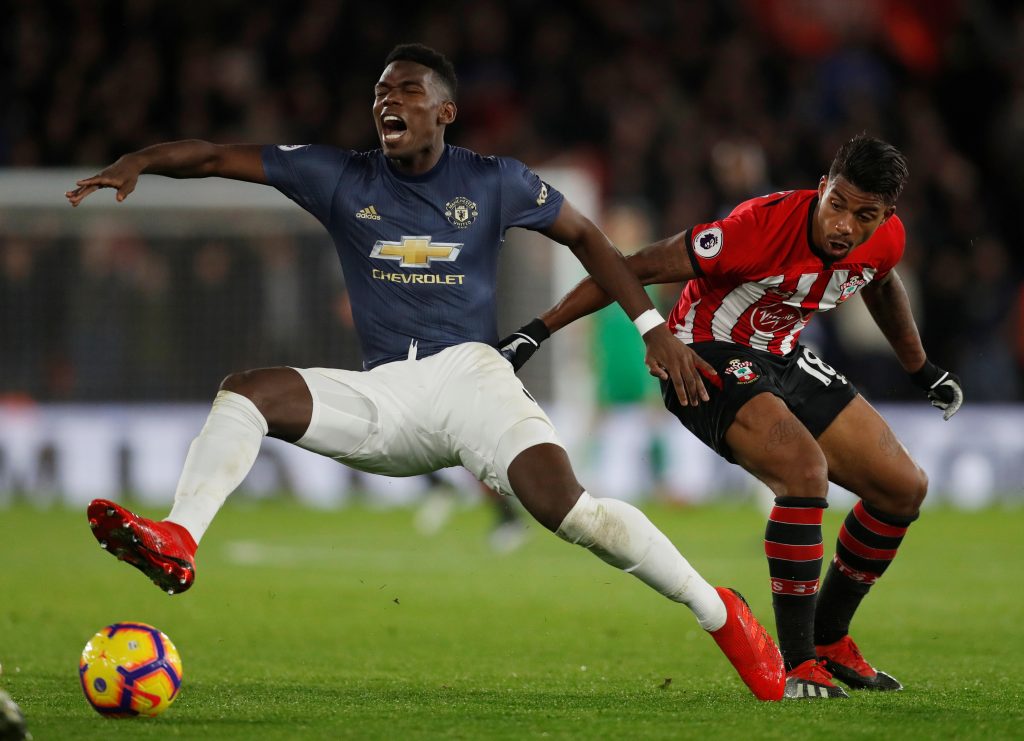 Paul Pogba in action with Southampton's Mario Lemina.