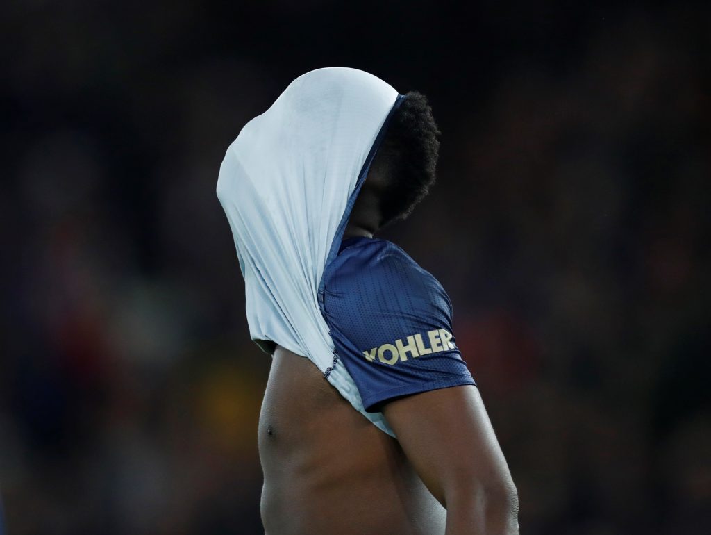 Manchester United's Paul Pogba looks dejected at the end of the match.