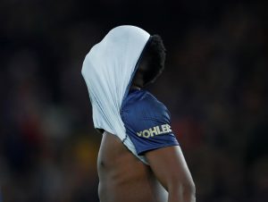 Manchester United's Paul Pogba looks dejected at the end of the match.