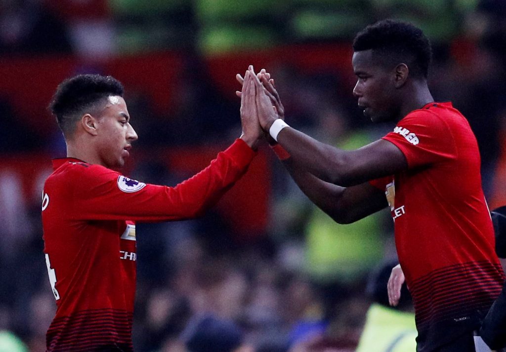 Manchester United's Paul Pogba comes on as a substitute to replace Jesse Lingard.