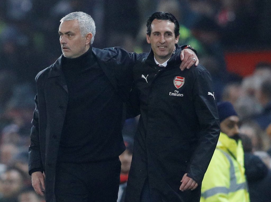 MUFC manager Jose Mourinho with Arsenal manager Unai Emery after the match.