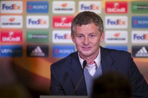 Molde's manager Ole Gunnar Solskjaer attends a news conference after their Europa League Group A soccer match against Celtic.