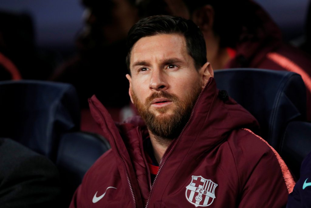 Barcelona's Lionel Messi on the substitutes bench before the match.