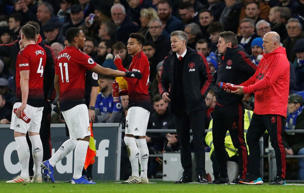 Man Utd interim manager Ole Gunnar Solskjaer with Anthony Martial and Jesse Lingard.