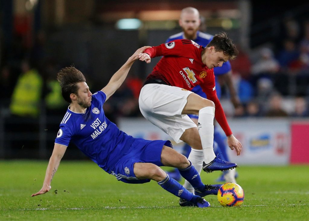 Manchester United's Victor Lindelof in action with Cardiff City's Harry Arter.