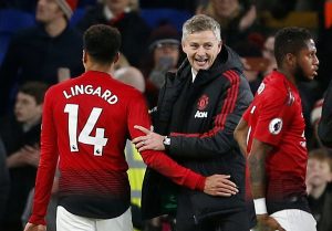 Man Utd interim manager Ole Gunnar Solskjaer celebrates after the match with Jesse Lingard.