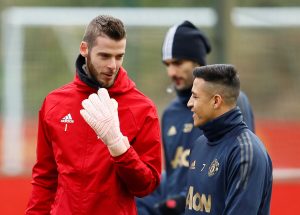 Manchester United's David de Gea and Alexis Sanchez during training.