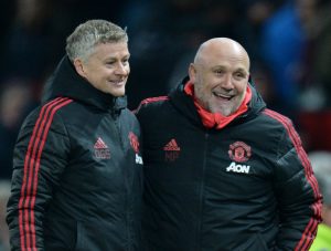 MUFC interim manager Ole Gunnar Solskjaer celebrates after the match with assistant manager Mike Phelan.