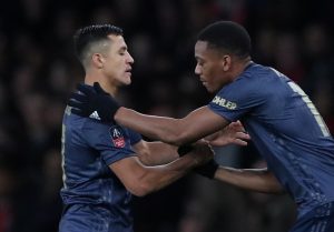 Manchester United's Anthony Martial comes on as a substitute to replace Alexis Sanchez.