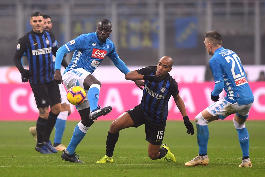 Inter Milan's Joao Mario in action with Napoli's Kalidou Koulibaly.