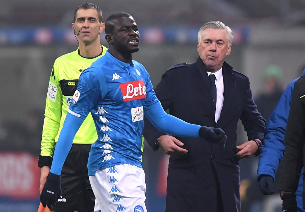 Napoli's Kalidou Koulibaly with Napoli coach Carlo Ancelotti after being sent off.