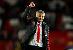 Man Utd interim manager Ole Gunnar Solskjaer celebrates after the match.