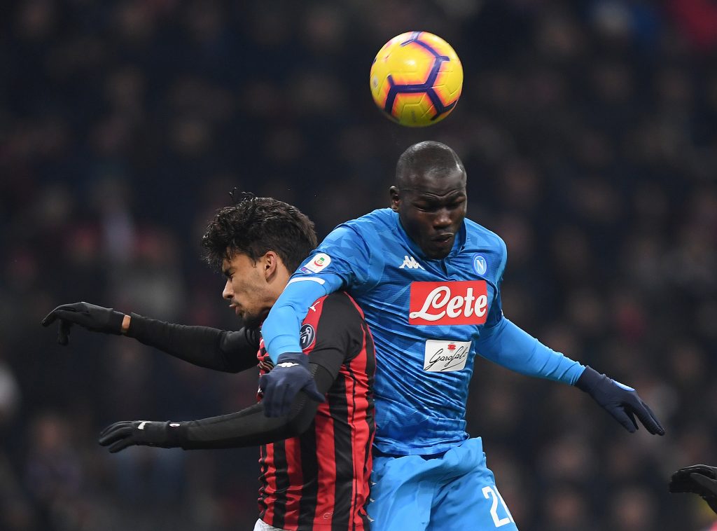 Napoli's Kalidou Koulibaly in action with AC Milan's Lucas Paqueta.