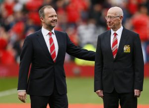 Sir Bobby Charlton and Executive Vice Chairman Ed Woodward on the pitch as the newly renamed South Stand "Sir Bobby Charlton stand" is unveiled to commemorate the 60 year anniversary of his debut for Manchester United.