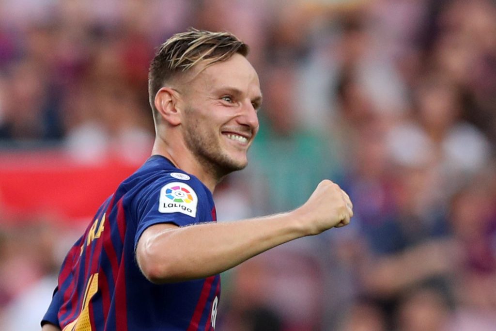 Barcelona's Ivan Rakitic celebrates scoring their fifth goal.