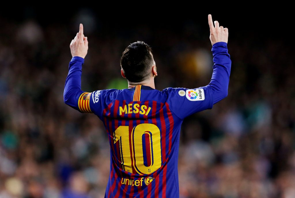 Barcelona's Lionel Messi celebrates scoring their first goal.