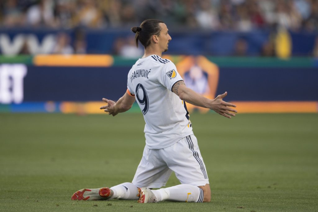 LA Galaxy forward Zlatan Ibrahimovic (9) reacts during the first half against the Portland Timbers.
