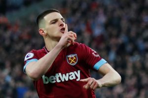 West Ham's Declan Rice celebrates scoring their first goal.