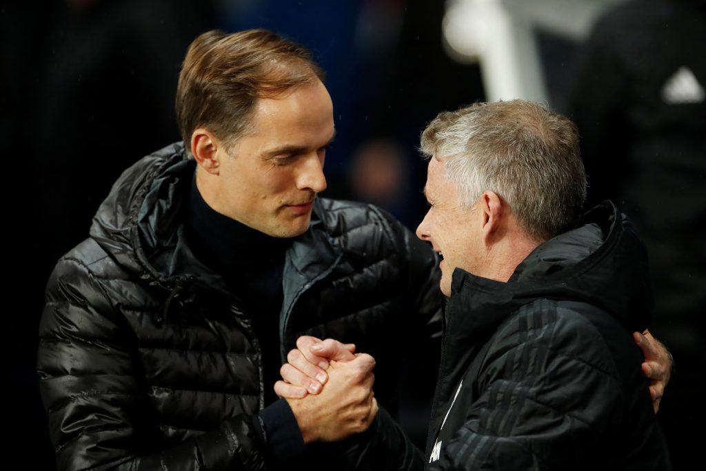 PSG coach Thomas Tuchel shakes hands with MUFC manager Ole Gunnar Solskjaer before the match.