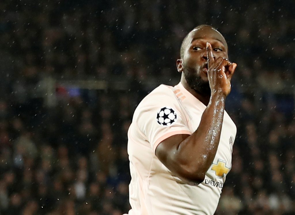 Manchester United's Romelu Lukaku celebrates scoring their first goal.