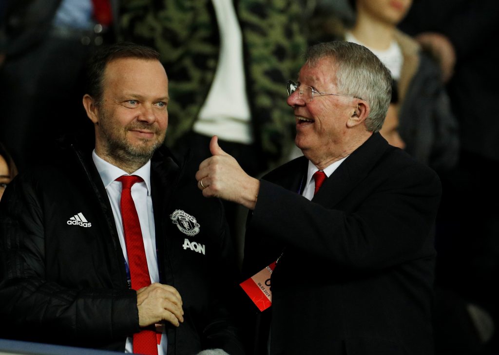 MUFC executive vice-chairman Ed Woodward and Sir Alex Ferguson in the stadium before the match.