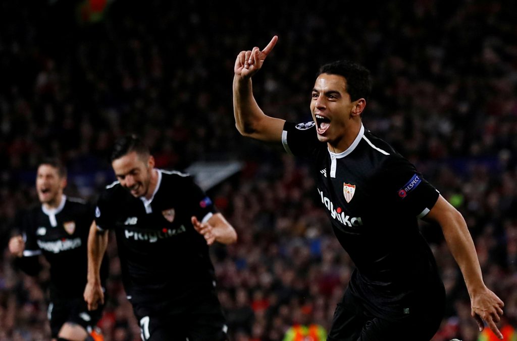 Sevillas Wissam Ben Yedder celebrates scoring a goal.
