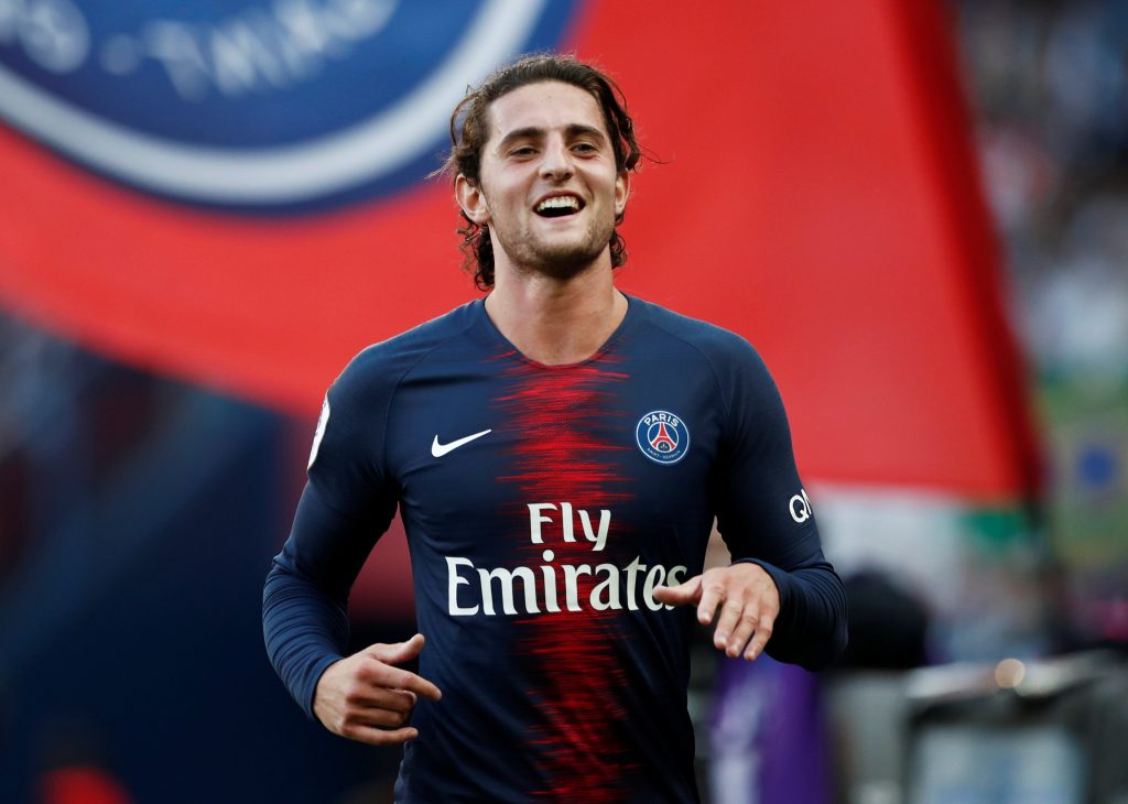 PSG's Adrien Rabiot celebrates scoring their second goal.
