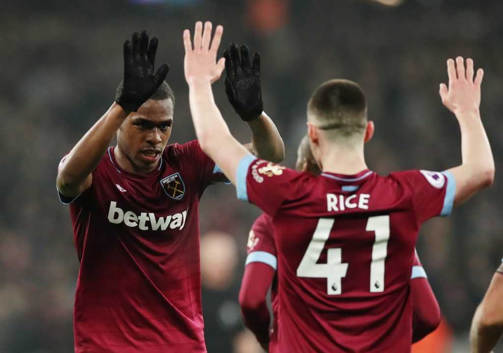 West Ham's Issa Diop celebrates scoring their second goal with Declan Rice.