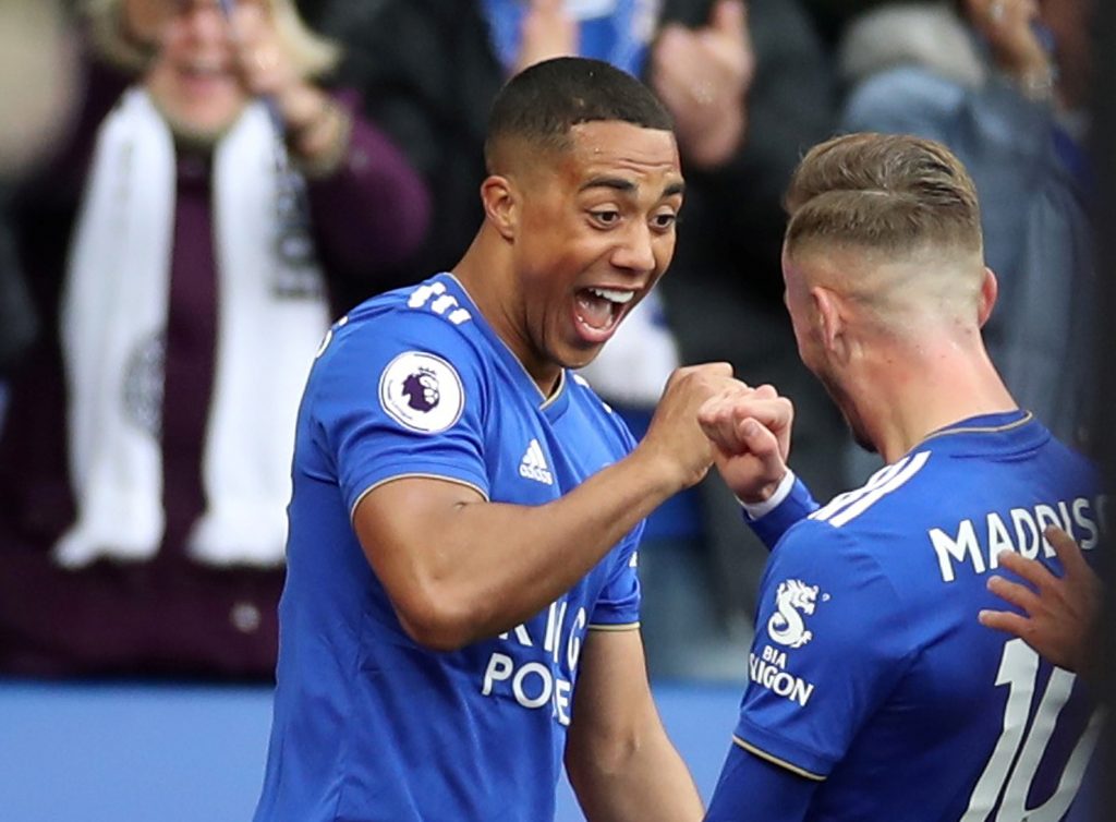 Leicester City's Youri Tielemans celebrates scoring their first goal with James Maddison.