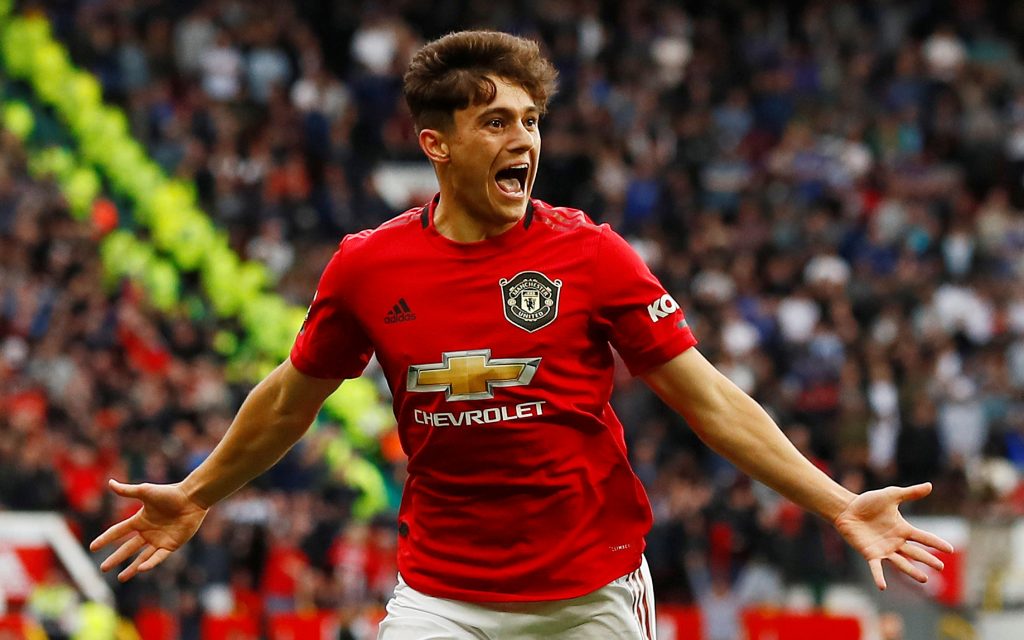 Manchester United's Daniel James celebrates scoring their fourth goal.